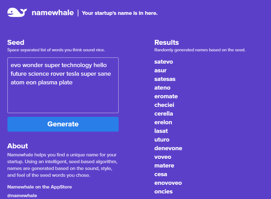 marka ismi bulma sitesi Namewhale sitesinin ekran görüntüsü